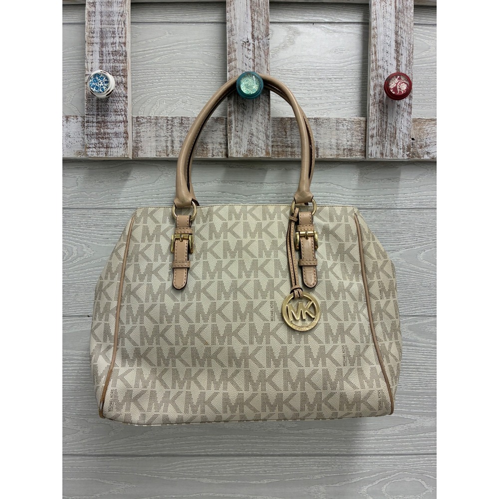 Michael Kors Vanilla Monogram Signature Satchel Bag Gold Hardware Acorn Trim